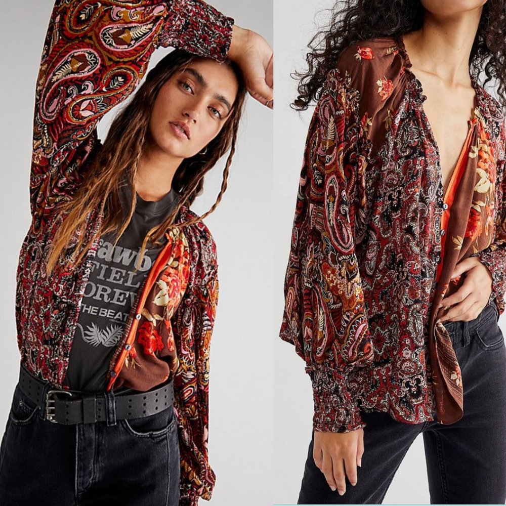 Free People Gemini Patchwork Blouse Size Small NWOT Rare Oak Combo - Picture 2 of 2